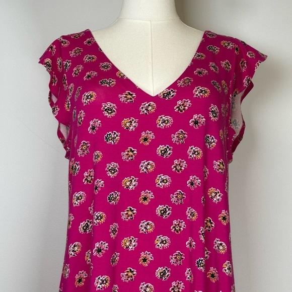 LOFT Ann Taylor Pink Floral Flutter Sleeve V-Neck Dress Women’s Size Medium - Picture 2 of 8